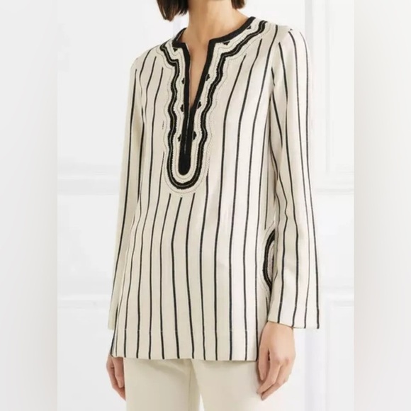 Tory Burch Tops - NWT Tory Burch Ivory Black Filipa Rayon Slub Stripe Tunic 4